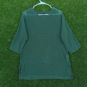Eileen Fisher Organic Linen Loose Knit Tunic Top Womens Green 3/4 Sleeve Size M